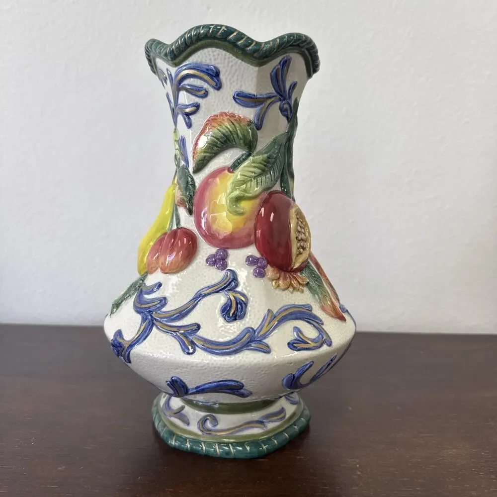 Vtg Fitz and Floyd Florentine Fruit Handcrafted Vase Harvest Fruit EUC